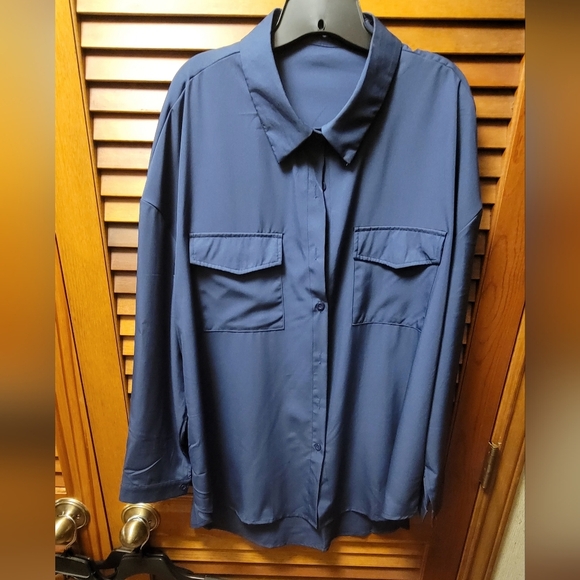 Navy Blue Button-Up Silky Feel Shirt 3xl - Picture 1 of 5